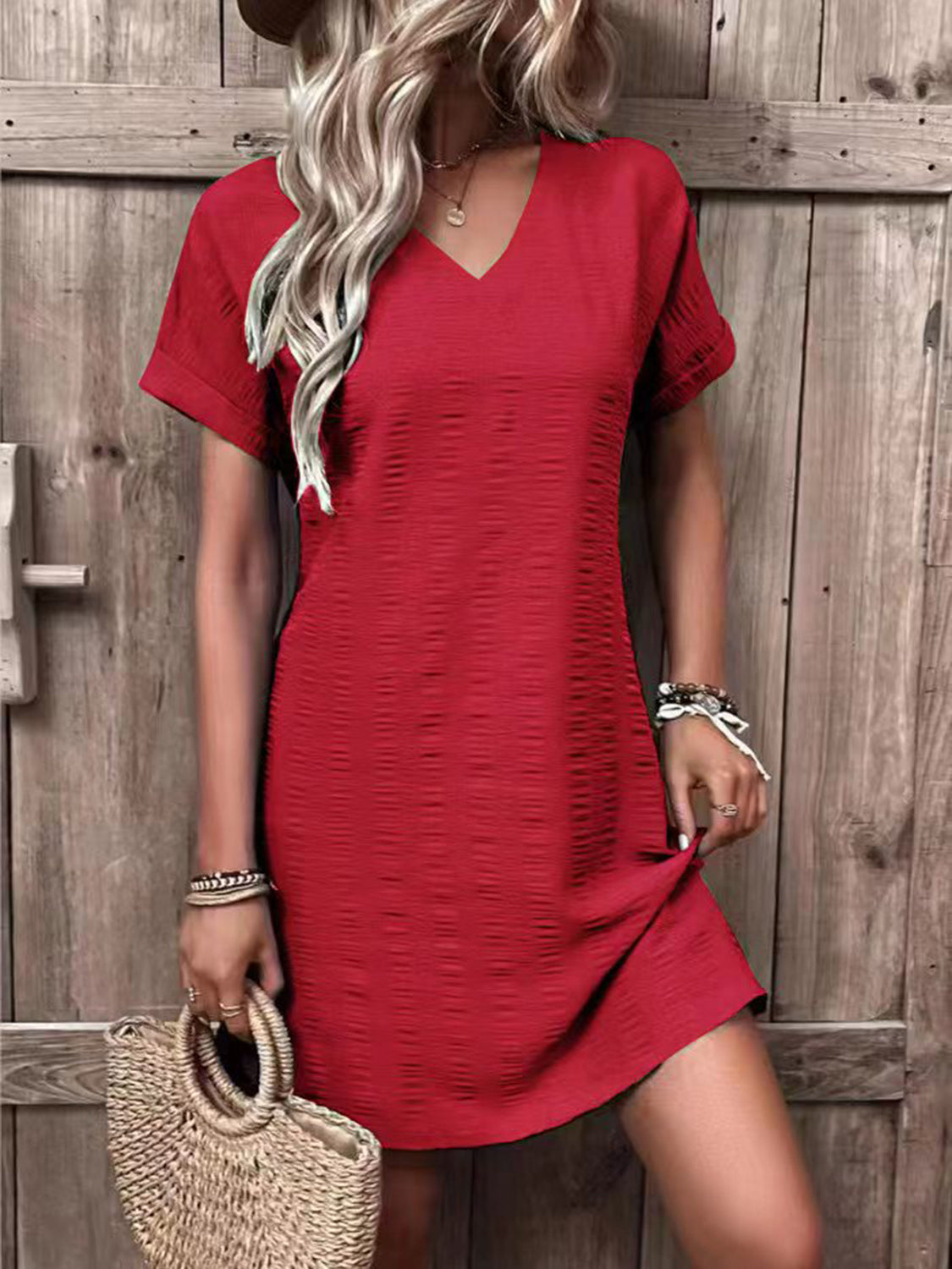 STUNNLY  Full Size V-Neck Short Sleeve Mini Dress Scarlet S 