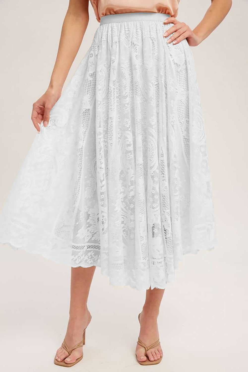 Lace High Waist Midi Skirt White S 