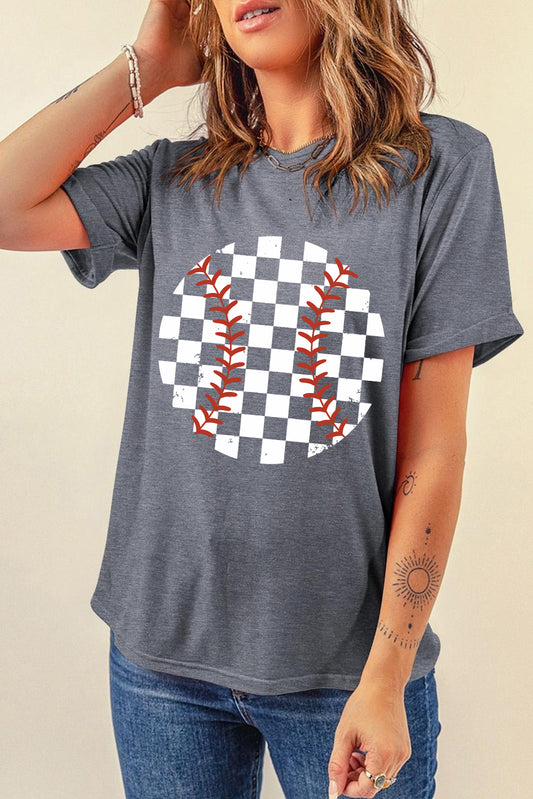 Checkered Graphic Round Neck Short Sleeve T-Shirt Charcoal S 