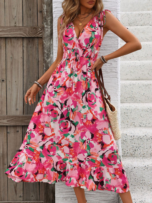 Ruffled Smocked Printed Sleeveless Dress Pink S 