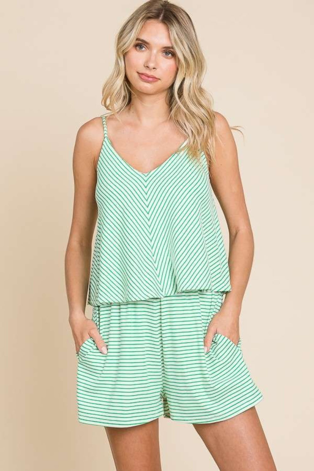 STUNNLY  Culture Code Full Size Double Flare Striped Romper Candy Green S 