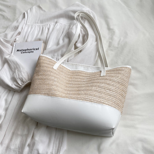 Straw Weave Leather Strap Tote Bag White One Size 
