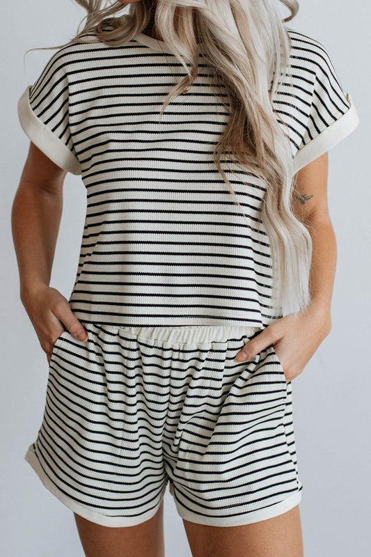 STUNNLY  Striped Round Neck Top and Shorts Set Stripe S 