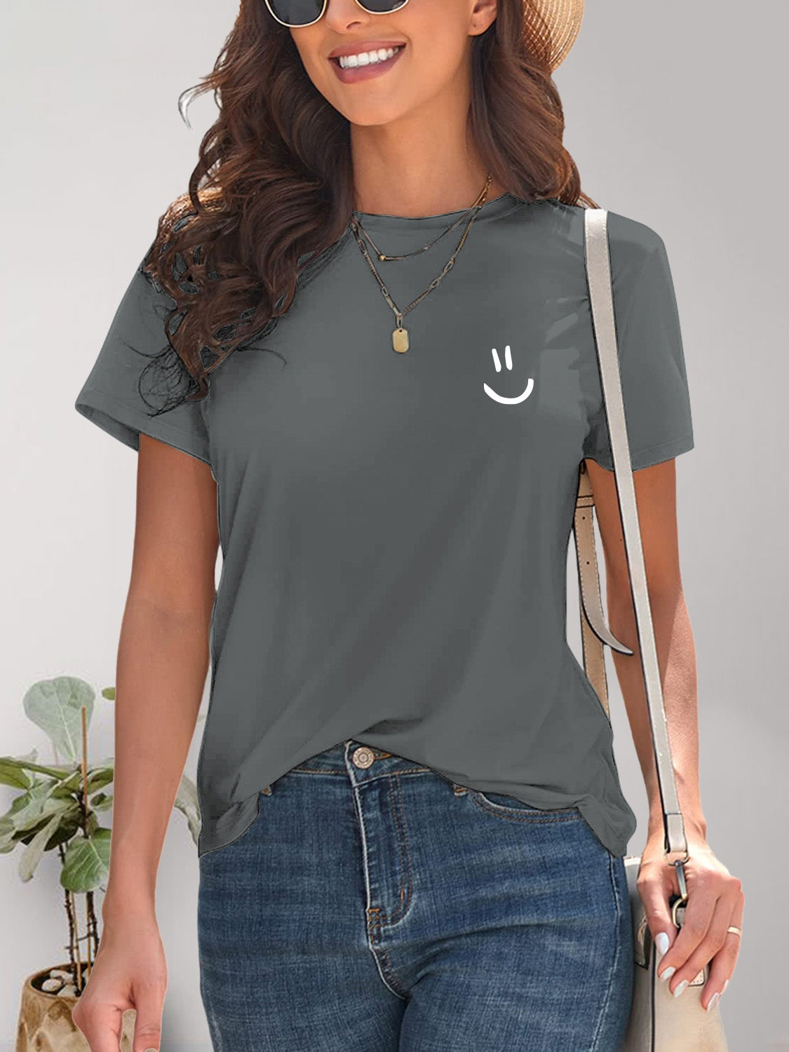 Smile Graphic Round Neck Short Sleeve T-Shirt Charcoal S 