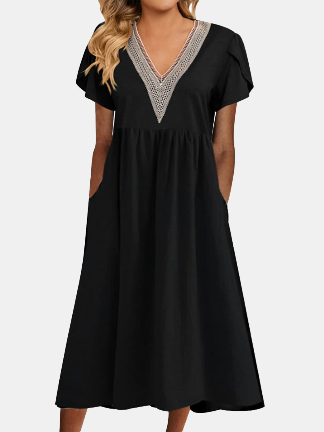 STUNNLY  Full Size Lace Detail V-Neck Short Sleeve Dress Black S 