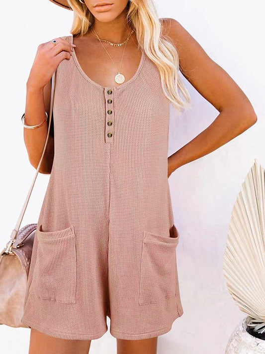 STUNNLY  Full Size Pocketed Scoop Neck Sleeveless Romper Pale Blush S 