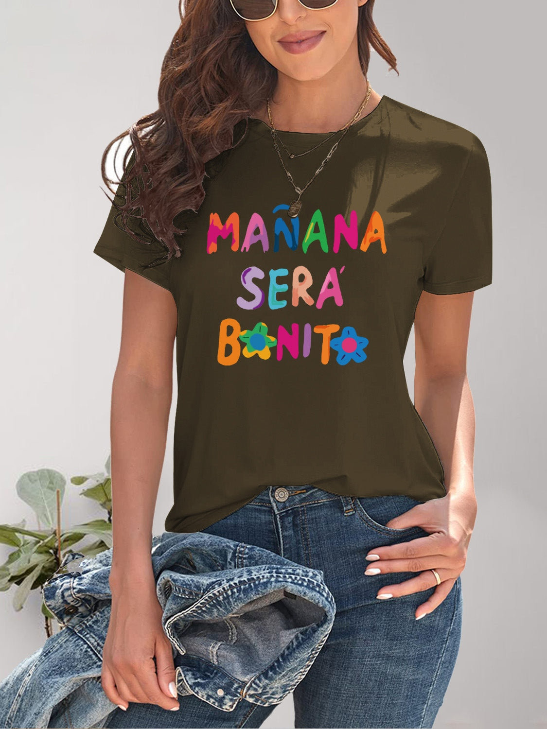 Letter Graphic Round Neck Short Sleeve T-Shirt Army Green S 