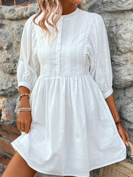 STUNNLY  Lace Detail Half Button Three-Quarter Sleeve Dress White S 