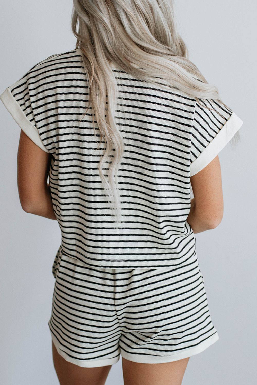 STUNNLY  Striped Round Neck Top and Shorts Set   