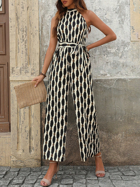 STUNNLY  Tied Printed Grecian Neck Jumpsuit Cream S 