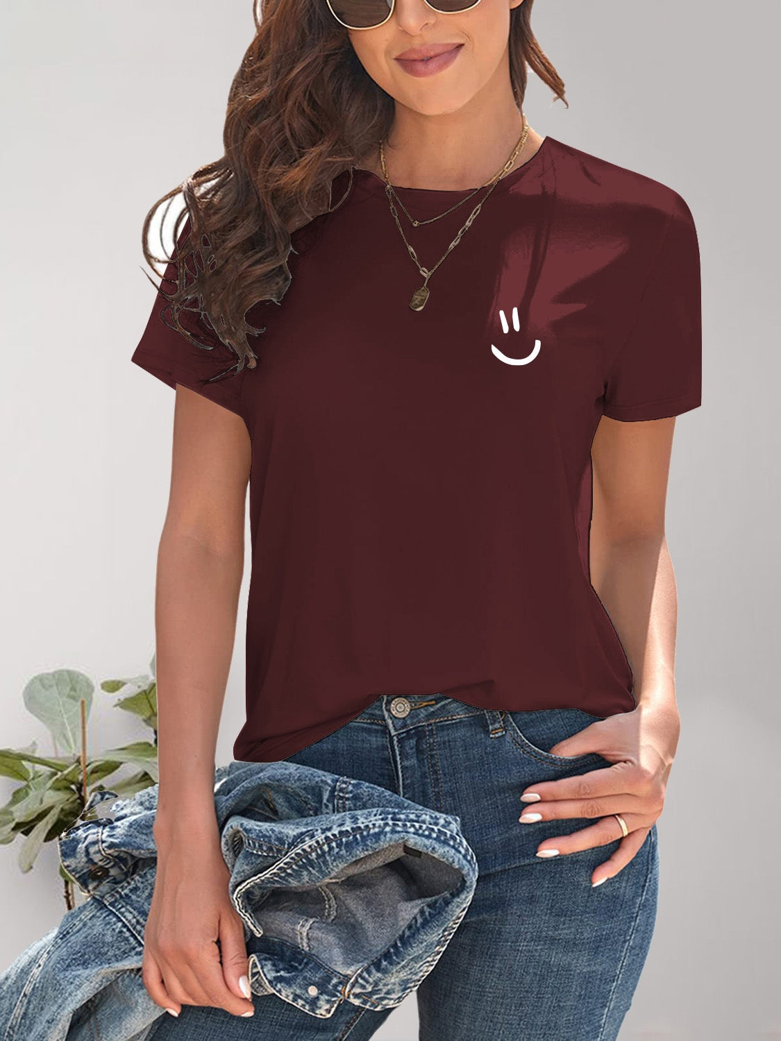 Smile Graphic Round Neck Short Sleeve T-Shirt Wine S 