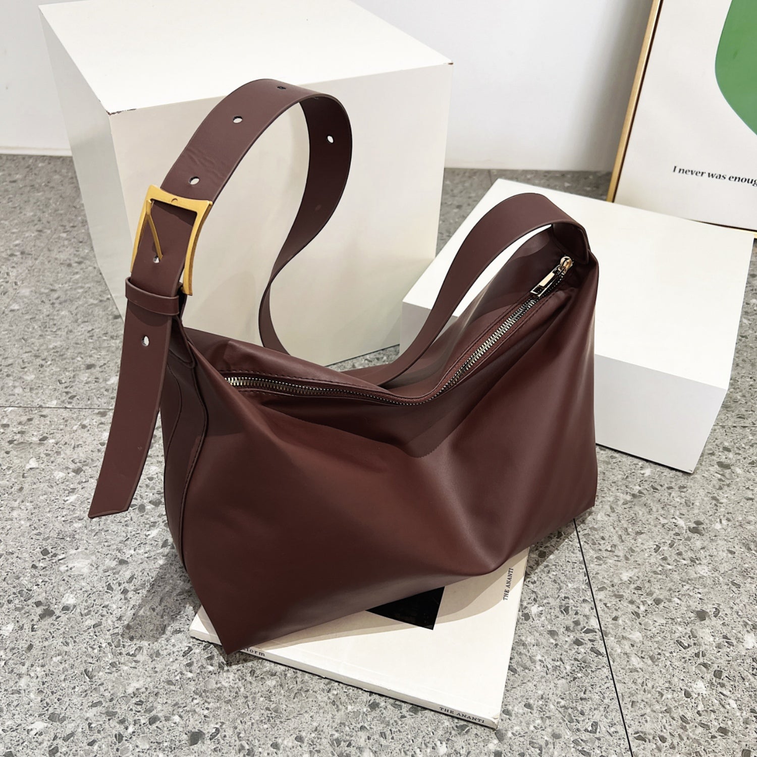 Adjustable Strap PU Leather Handbag Chestnut One Size 