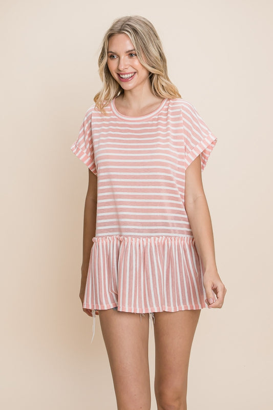 Cotton Bleu by Nu Label Striped Ruffled Short Sleeve Top Coral S 