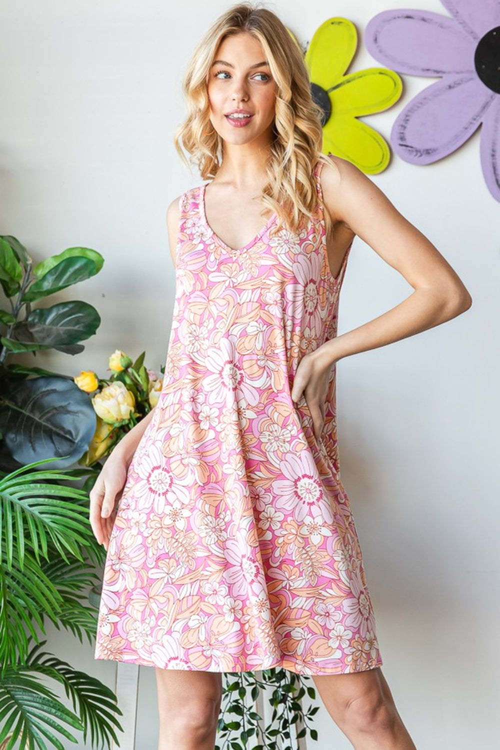 STUNNLY  Heimish Full Size Floral V-Neck Tank Dress with Pockets   