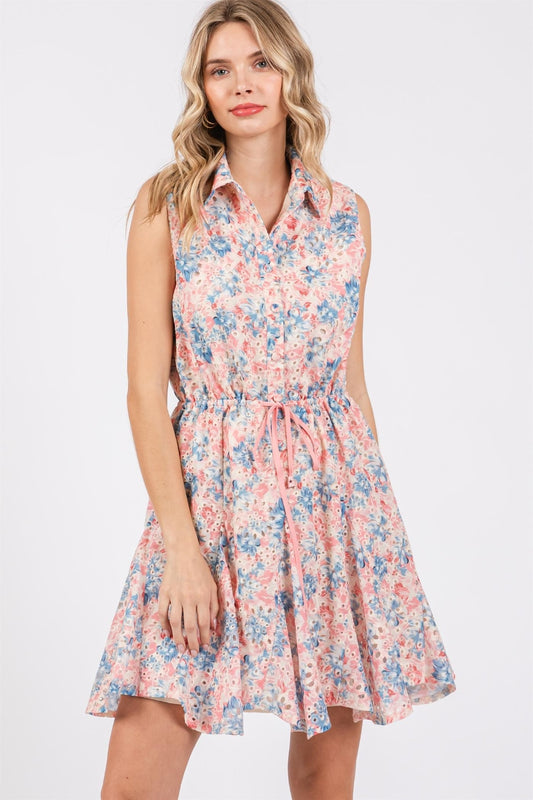 STUNNLY  GeeGee Full Size Floral Eyelet Sleeveless Mini Dress Pink Multi S 
