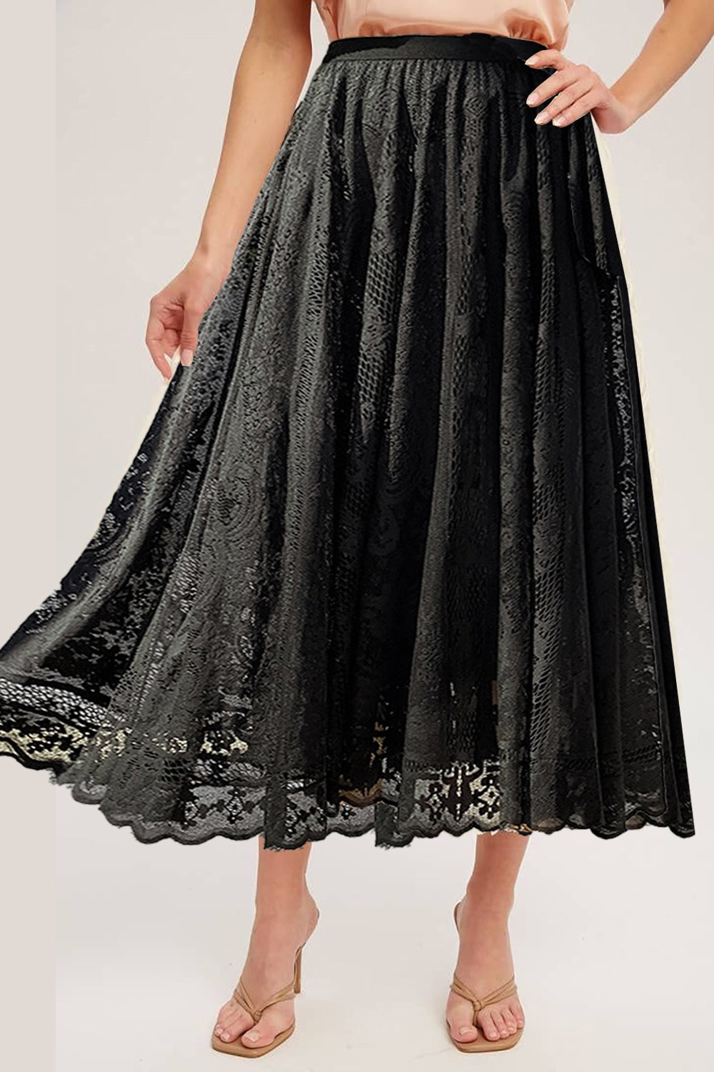 Lace High Waist Midi Skirt Black S 