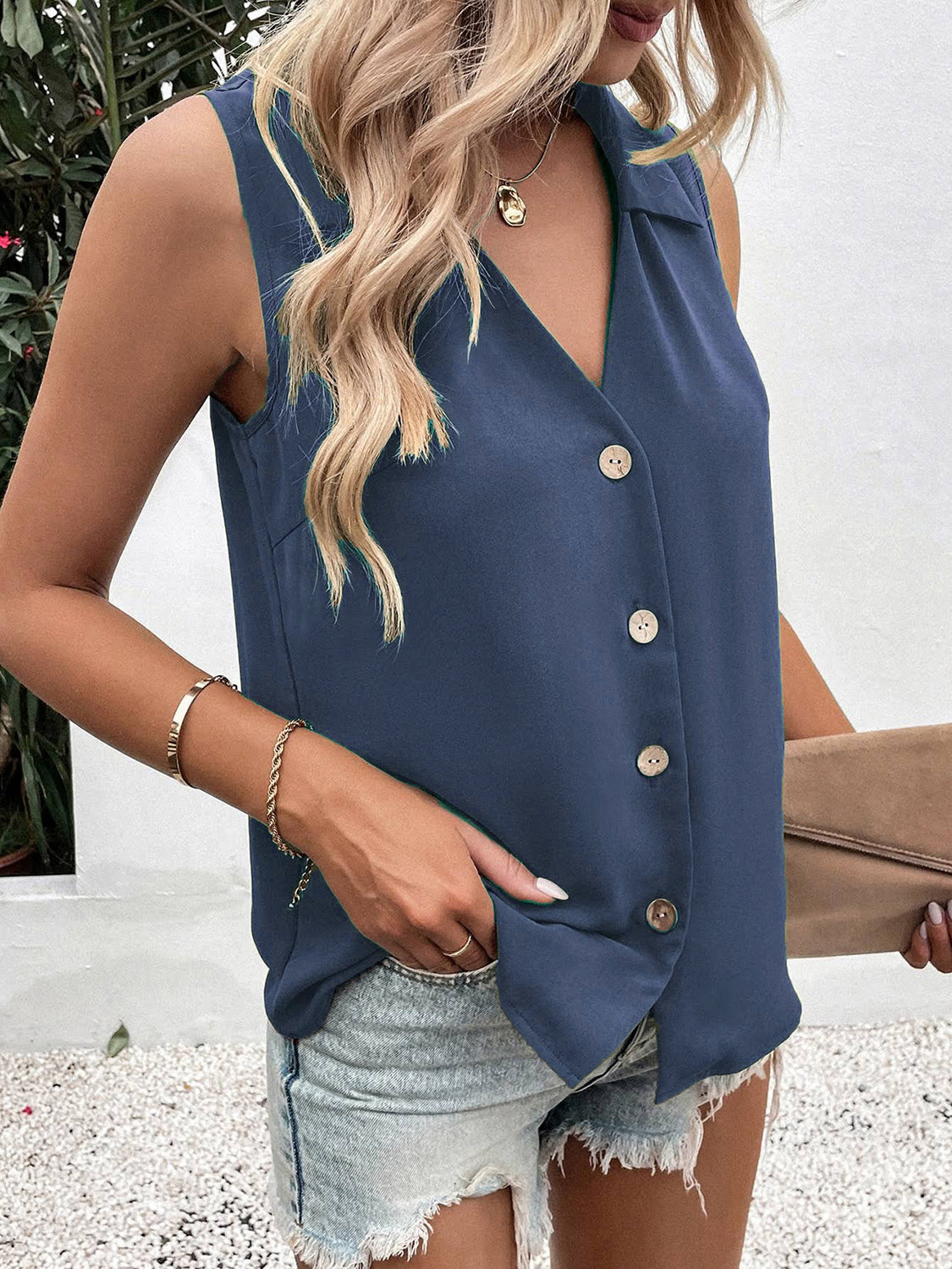 Full Size Johnny Collar Button Up Tank Dusty  Blue S 