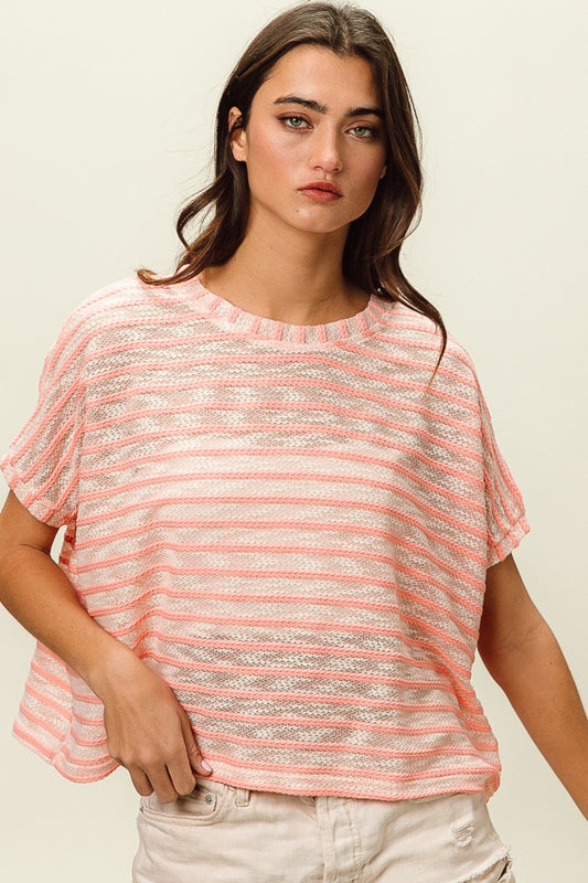 BiBi Braid Striped Short Sleeve Round Neck T-Shirt Pink S 