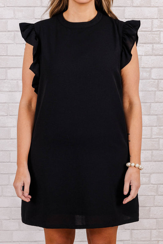 STUNNLY  Plus Size Ruffled Round Neck Cap Sleeve Mini Dress Black 1XL 