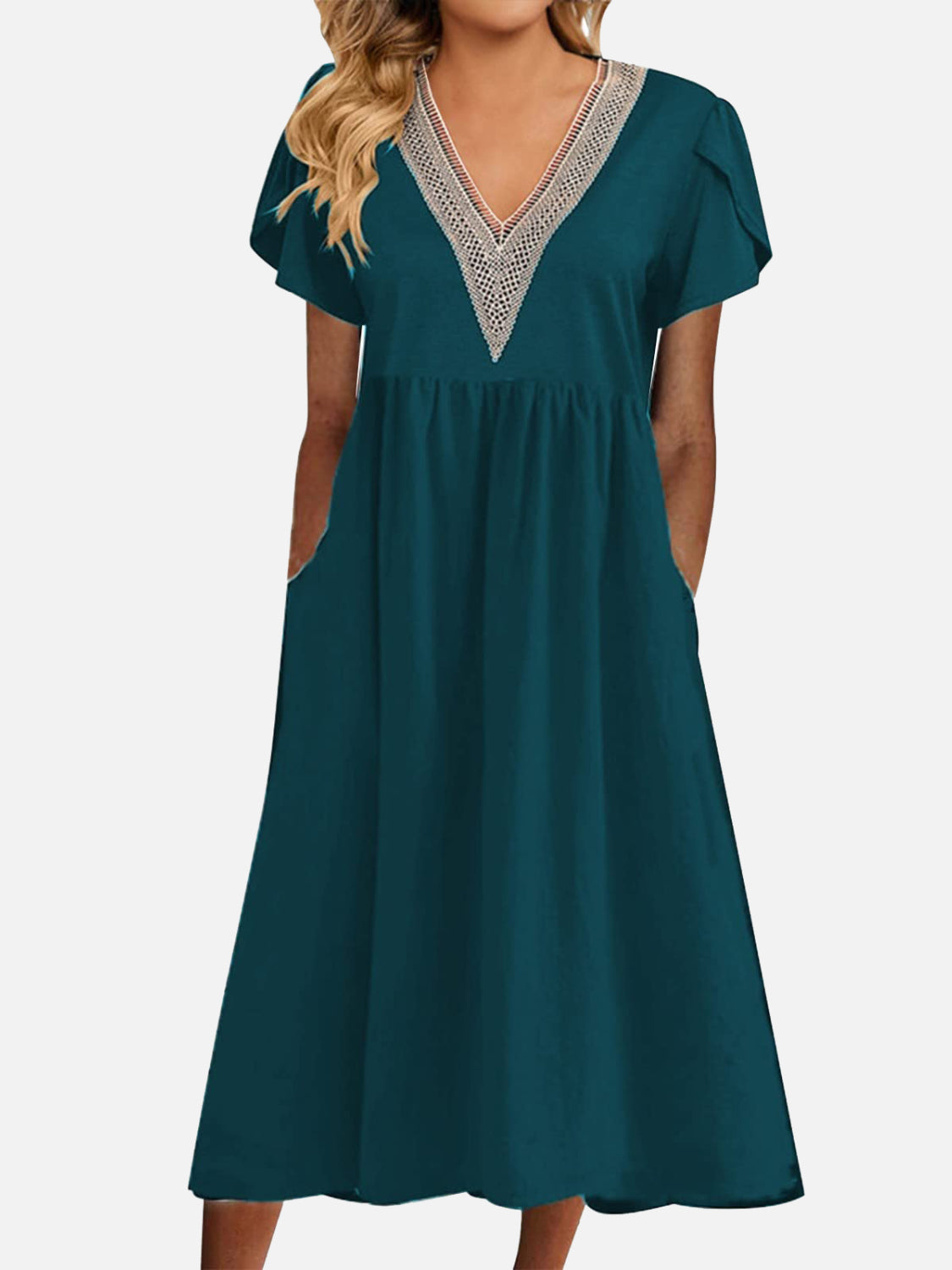 STUNNLY  Full Size Lace Detail V-Neck Short Sleeve Dress Green S 