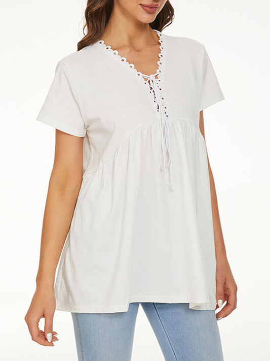 STUNNLY  Lace Detail Tie Neck Short Sleeve T-Shirt White S 