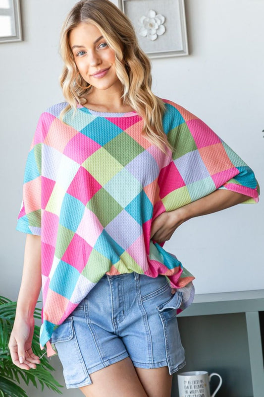 HOPELY Color Block Waffle Oversized T-Shirt PINK COMBO S 