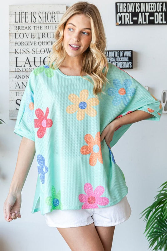 HOPELY Floral Waffle Oversize T-Shirt Mint Green S 