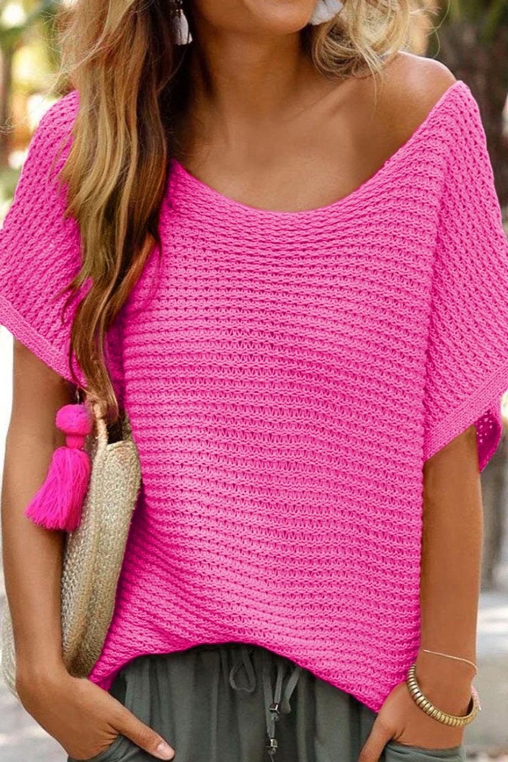 Boat Neck Short Sleeve Sweater Hot Pink S 