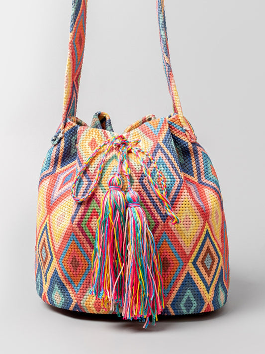 Drawstring Tassel Geometric Shoulder Bag Multicolor One Size 