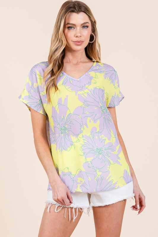 BOMBOM Floral Short Sleeve T-Shirt Lilac-Yellow S 