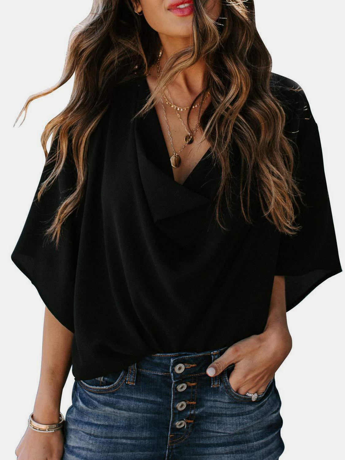 STUNNLY  Full Size Cowl Neck Three-Quarter Sleeve Blouse   