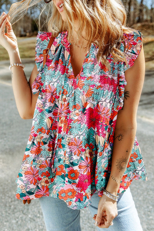 STUNNLY  Ruffled Printed Tie Neck Cap Sleeve Blouse Floral S 