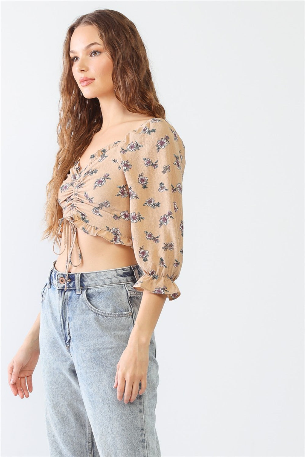 STUNNLY  Tasha Apparel Floral Ruffle Smocked Back Ruched Crop Top   