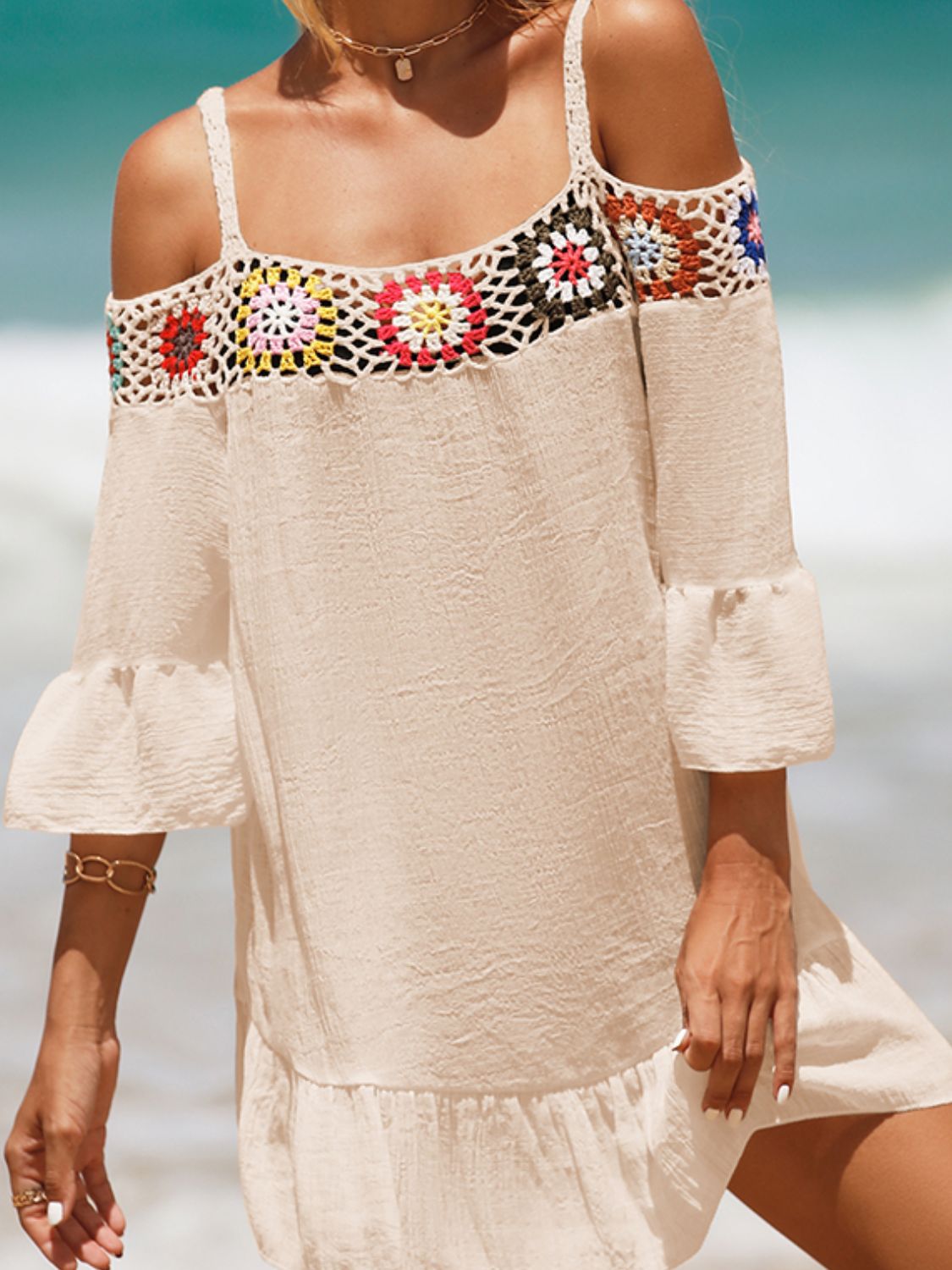 Crochet Cold Shoulder Three-Quarter Sleeve Cover Up Sand One Size 