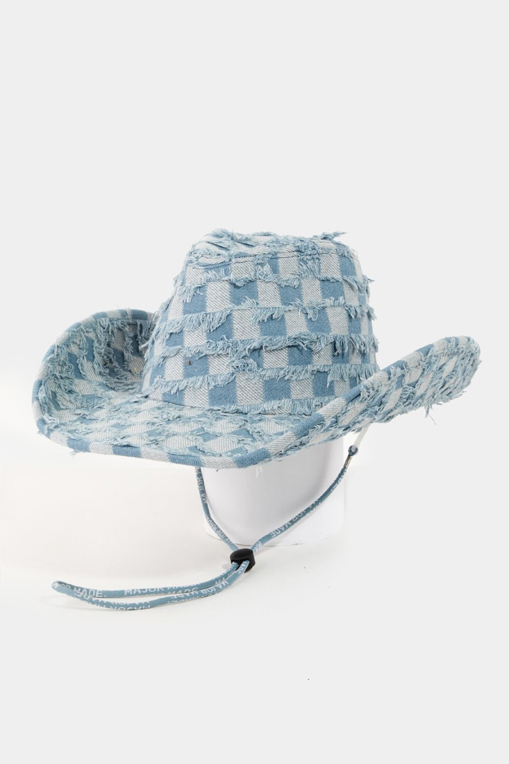Fame Checkered Fringe Denim Cowboy Hat Blue One Size 