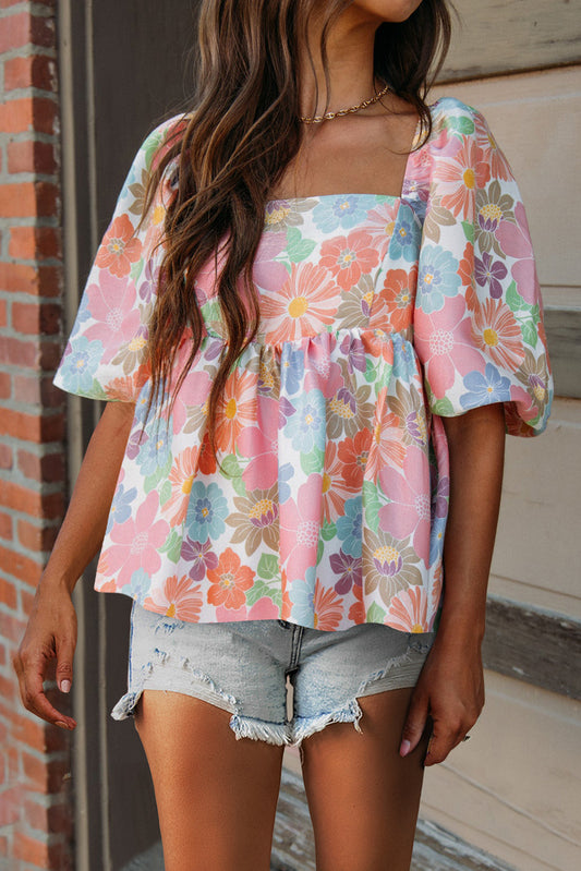 STUNNLY  Printed Square Neck Half Sleeve Blouse Floral S 