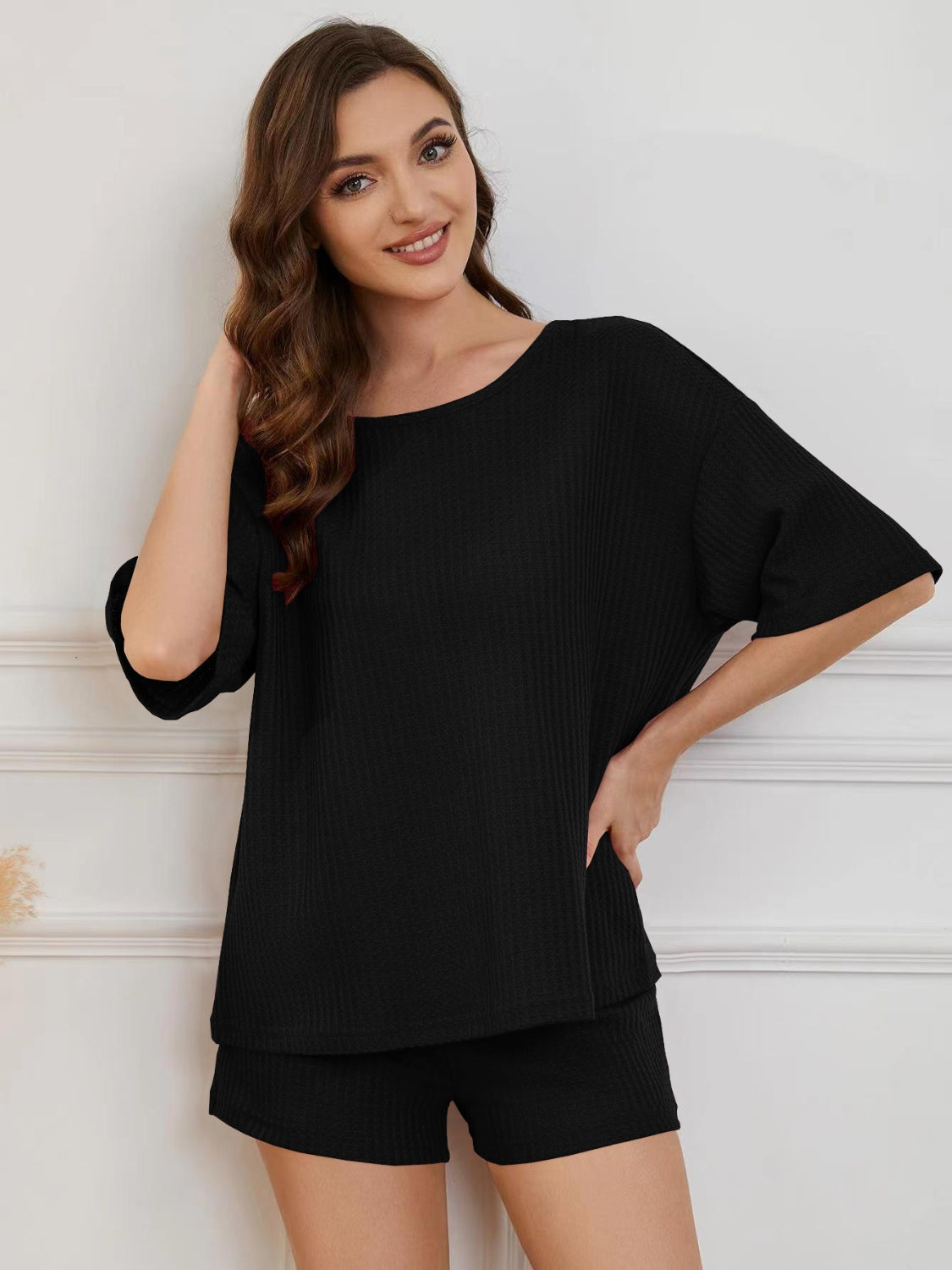 STUNNLY  Round Neck Half Sleeve Top and Shorts Lounge Set Black S 