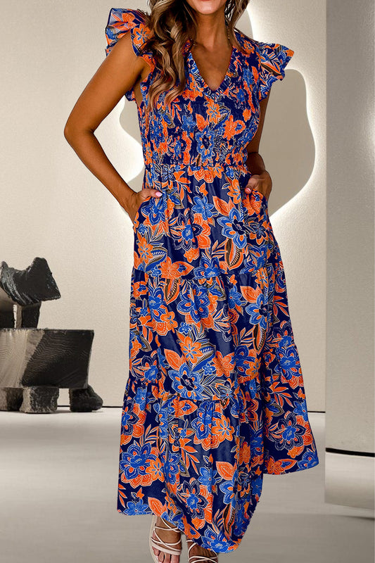 STUNNLY  Ruffled Printed Cap Sleeve Dress Multicolor S 