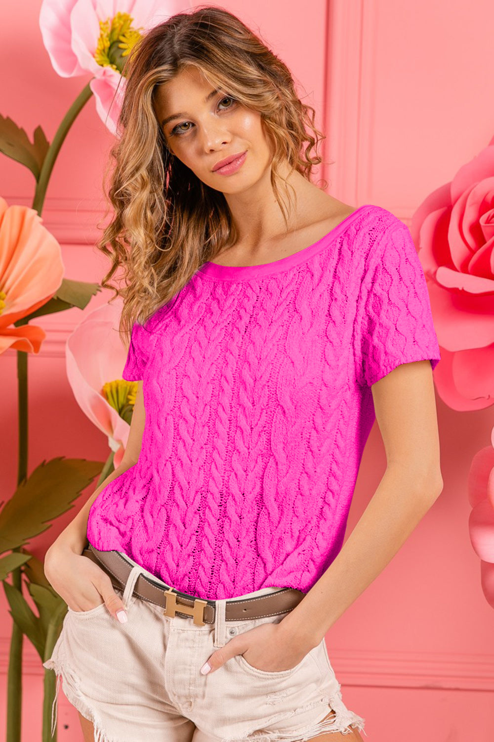 STUNNLY  BiBi Cable Knit Short Sleeve Sweater   