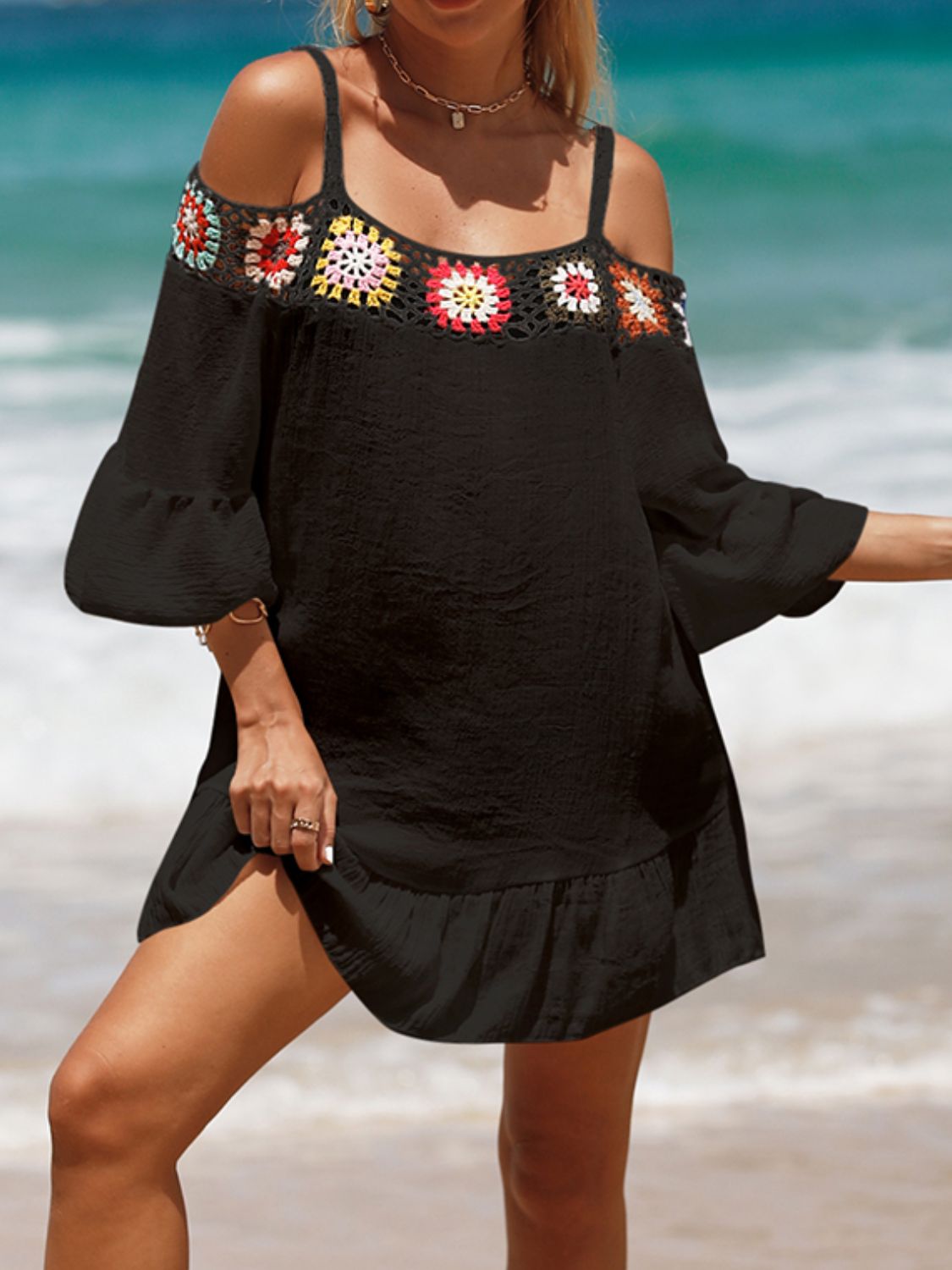Crochet Cold Shoulder Three-Quarter Sleeve Cover Up Black One Size 