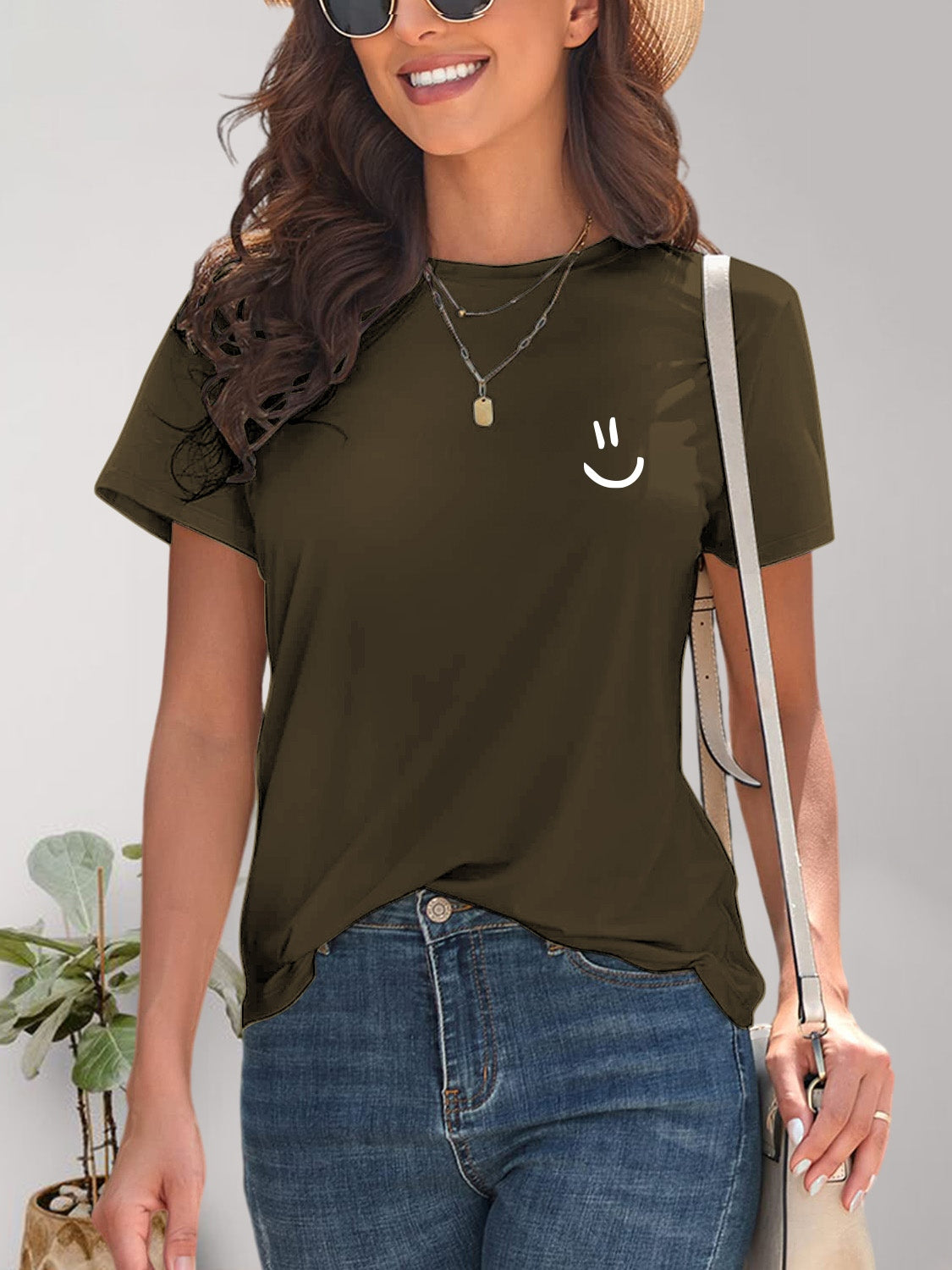 Smile Graphic Round Neck Short Sleeve T-Shirt Army Green S 