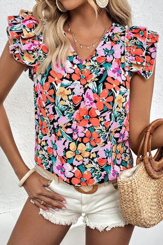 STUNNLY  Ruffled Printed V-Neck Cap Sleeve Blouse Floral S 