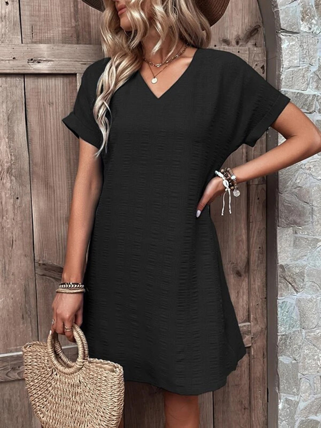 STUNNLY  Full Size V-Neck Short Sleeve Mini Dress Black S 
