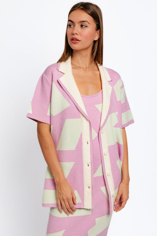 STUNNLY  Tasha Apparel Abstract Contrast Short Sleeve Collared Cardigan Pink Mint XS 