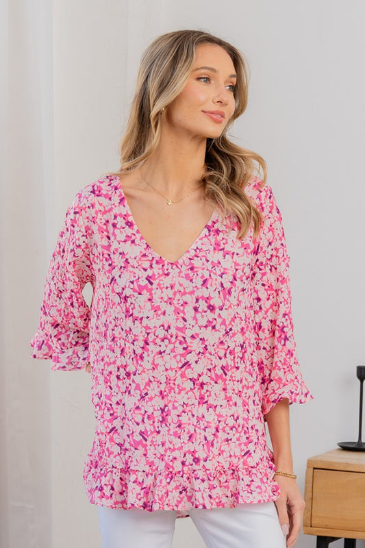 Sew In Love Full Size Floral V-Neck Flounce Sleeve Top Pink/Coral S 