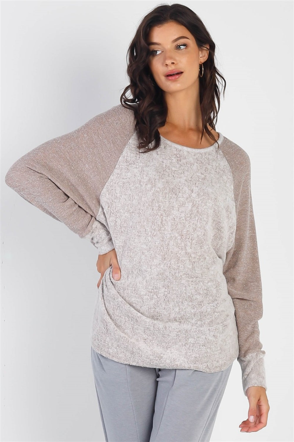 Cherish Apparel Round Neck Long Sleeve Contrast Top Taupe S 