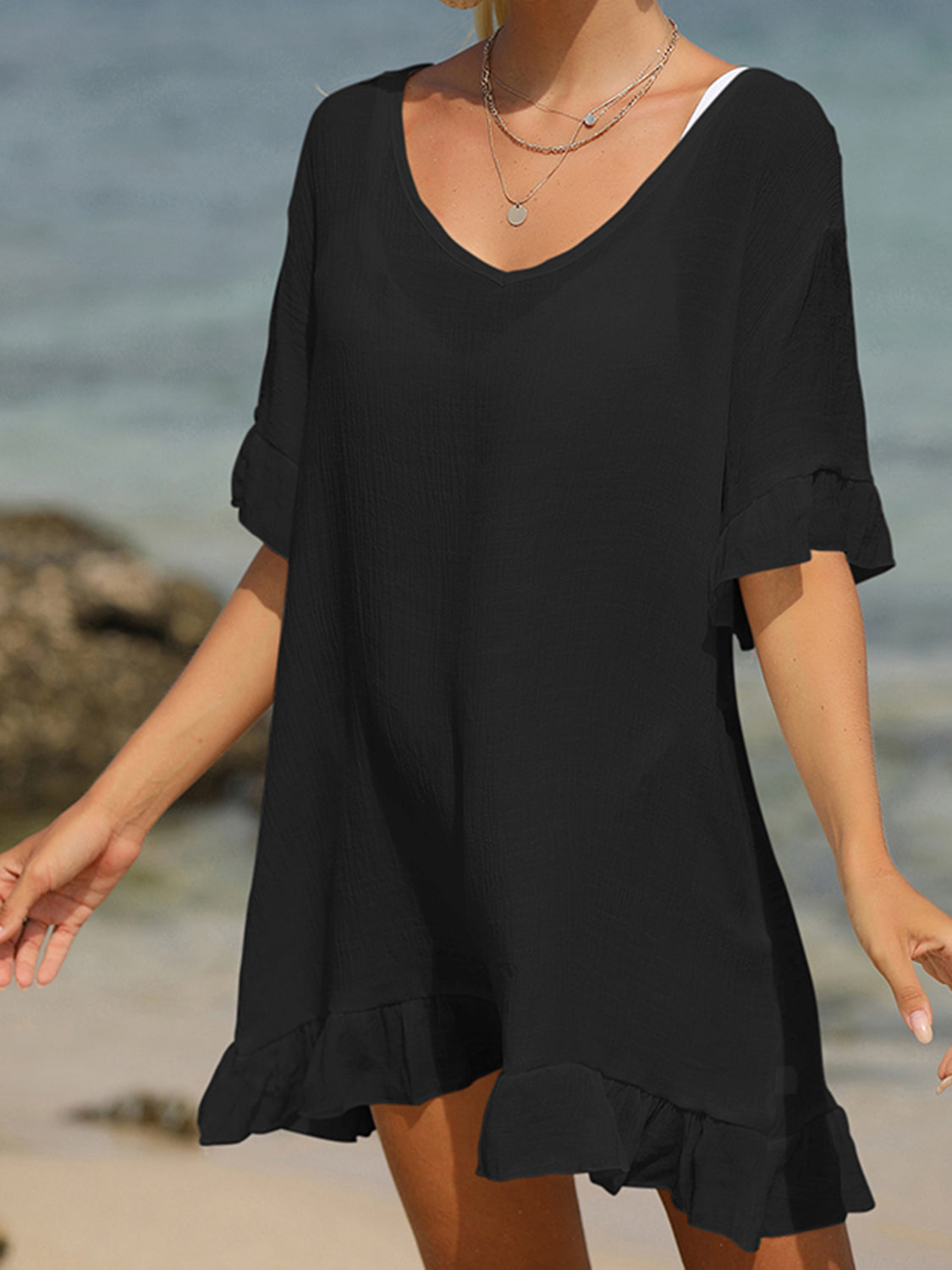 Tied Ruffled Half Sleeve Cover-Up Black One Size 