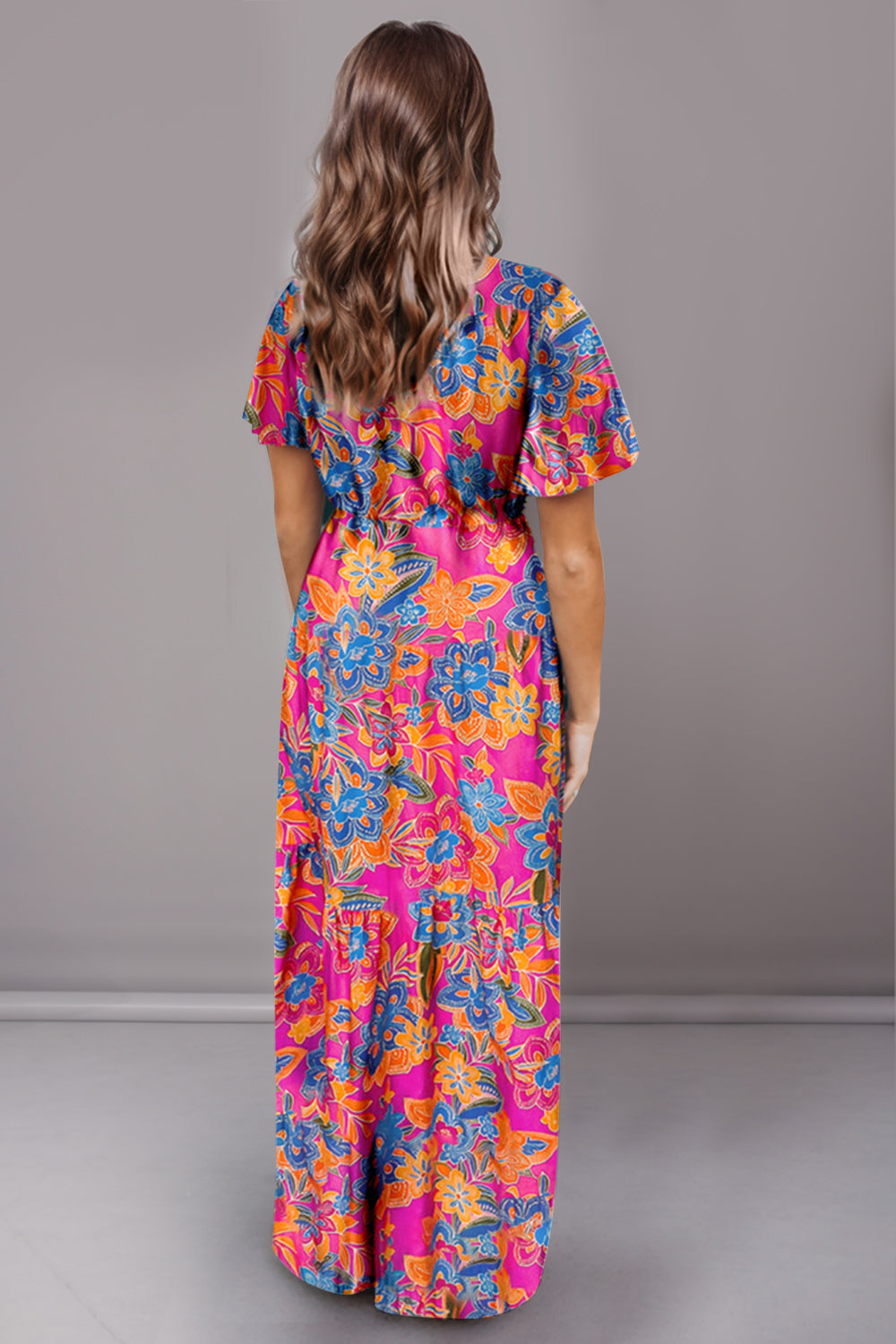STUNNLY  Printed Surplice Short Sleeve Maxi Dress   