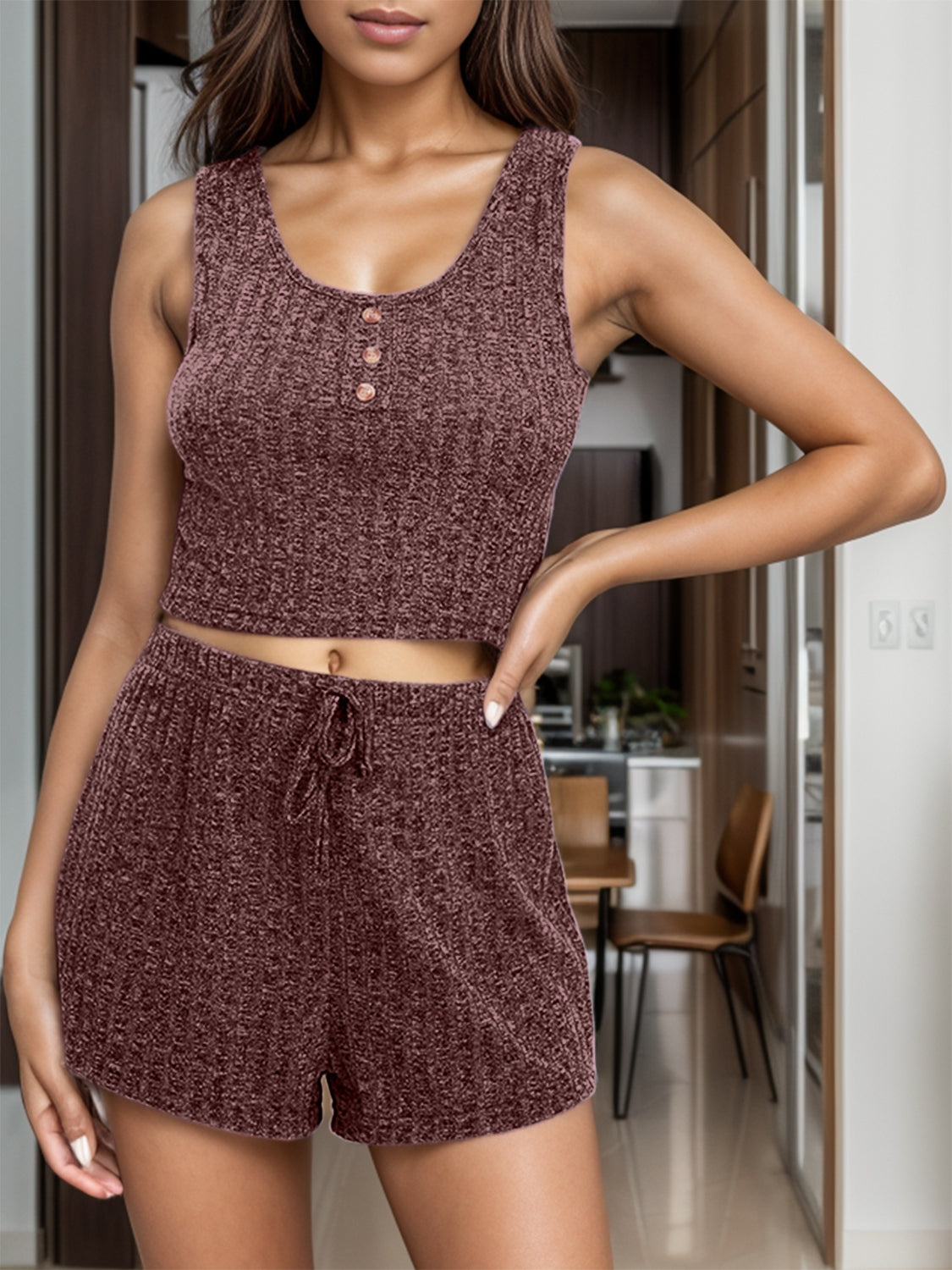 STUNNLY  Scoop Neck Top and Shorts Lounge Set Burnt  Umber S 