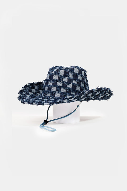 Fame Checkered Fringe Denim Cowboy Hat Dark Blue One Size 